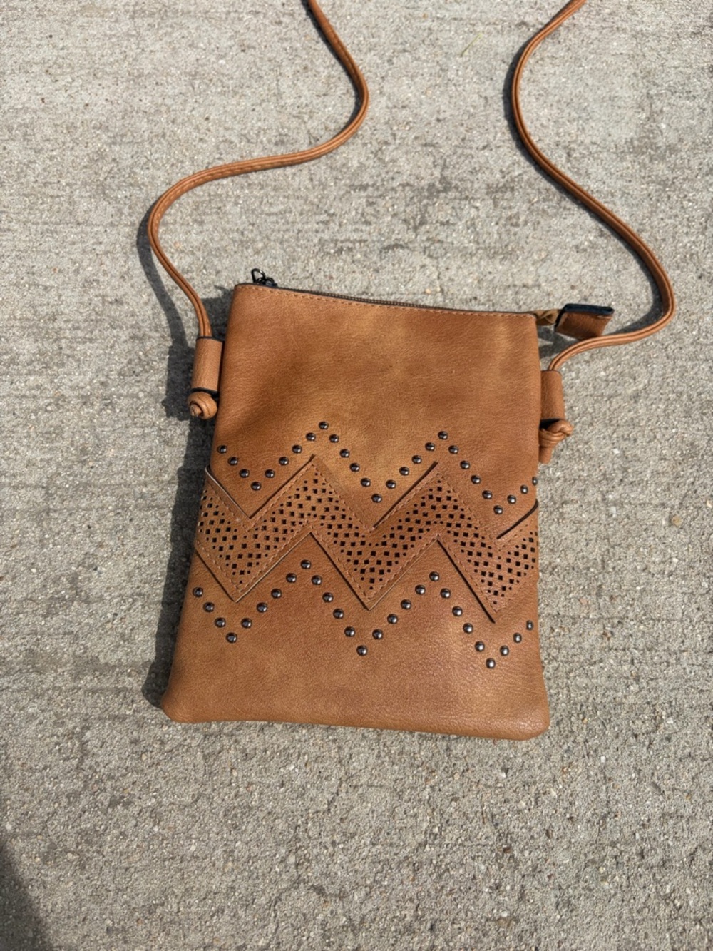 Women's Tan Crossbody Bag with Studded Chevron Detail
